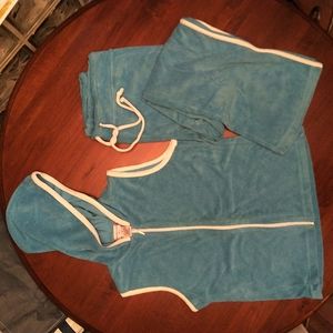 Y2K Terry Cloth Hooded Sleeveless Jacket and Wide Leg Pants set. PS Aqua Blue